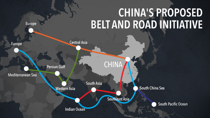 China's proposed Belt and Road Initiative will be composed of 3 land-based roads, and a maritime one, connecting China to Europe through Central Asia, South East Asia, South Asia, the Middle East, Africa and Central Europe. Graphic by Raffy Guzman on China Daily Map.